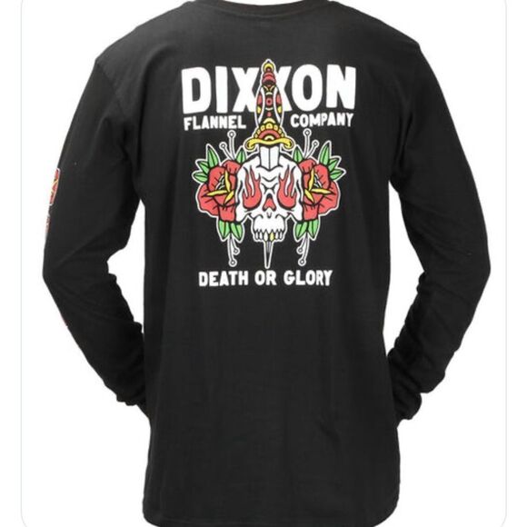 Dixxon mens graphic long sleeve ‘death or glory’ tee skull roses flash art - Picture 1 of 7